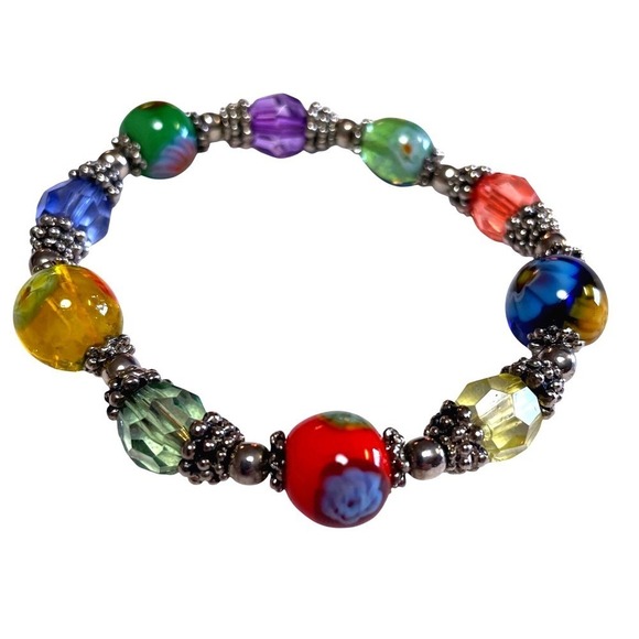 Unbranded Jewelry - Beaded Stretch Bracelet One Size Multicolor Glass Lampwork Boho Style